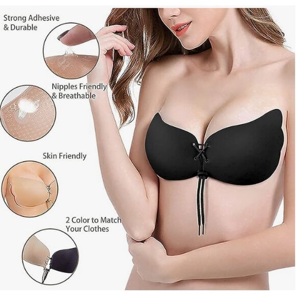 Black Push up Bra Self Adhesive Reusable Sticky Strapless cleavage enhancing - Picture 4 of 8